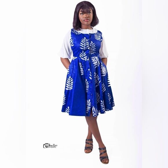 Gorgeous Declaj Clothing original hand sewn adire navy leaf tie dye midi dress. - Picture 7 of 8